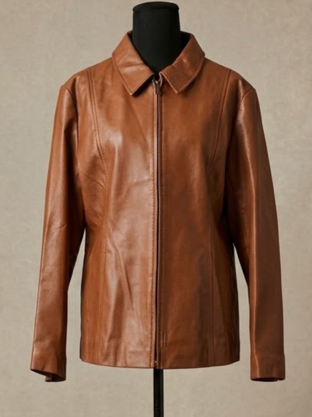 Dialogue Cognac Brown Genuine Leather Zip Jacket Size XL